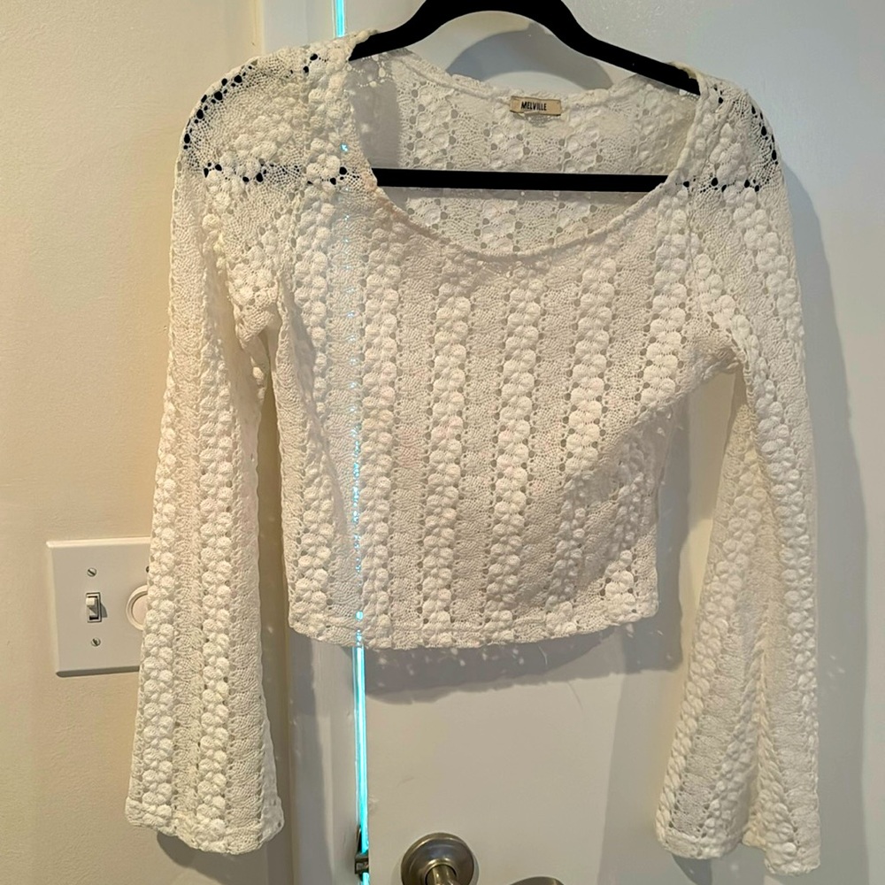 Brandy Melville lace long bell sleeve top in white